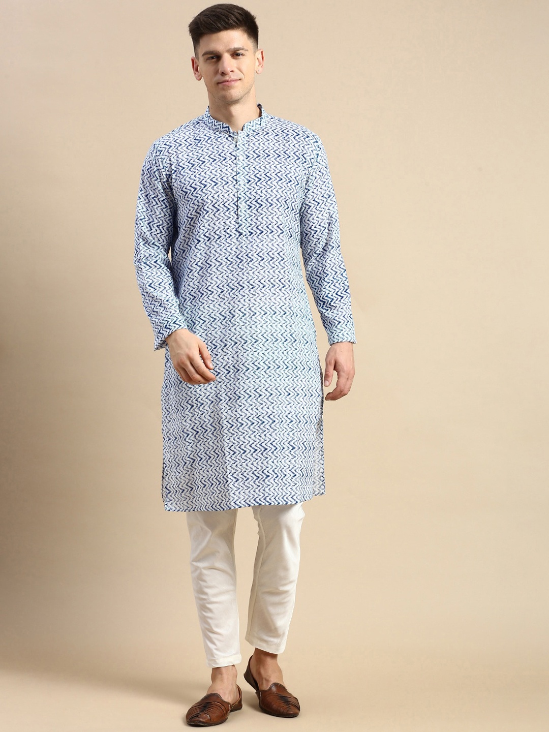 

Anouk Ethnic Motifs Woven Design Mandarin Collar Regular Kurta with Dhoti Pants, Off white