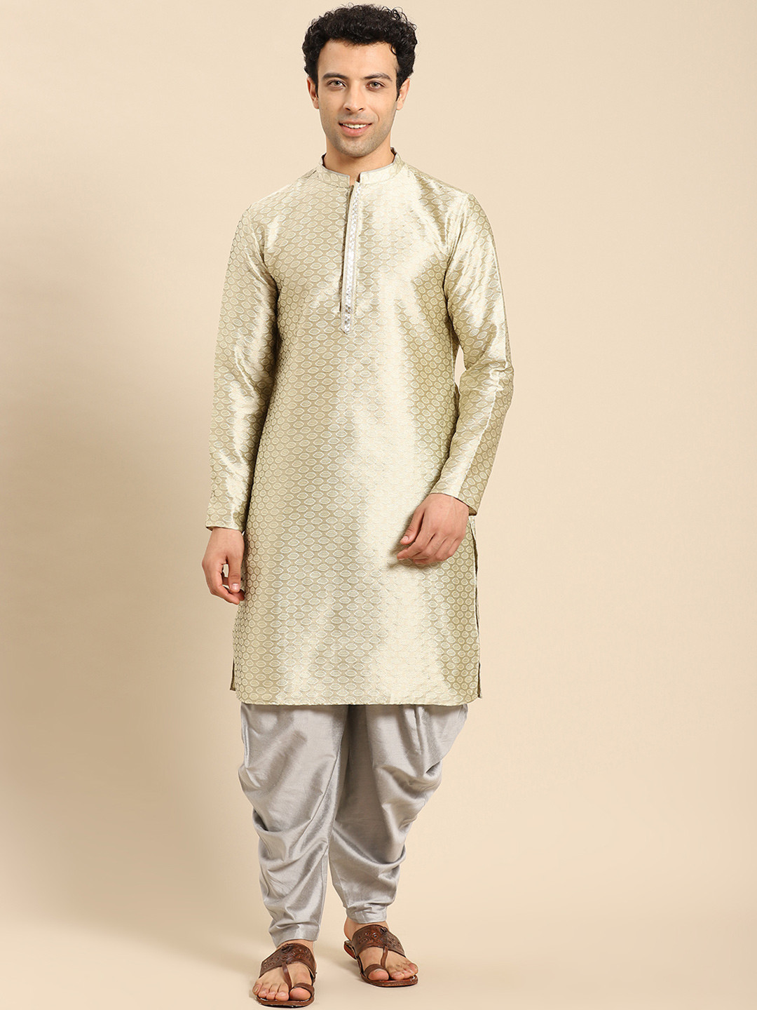 

Anouk Woven Design Mandarin Collar Regular Kurta with Dhoti Pants, Cream