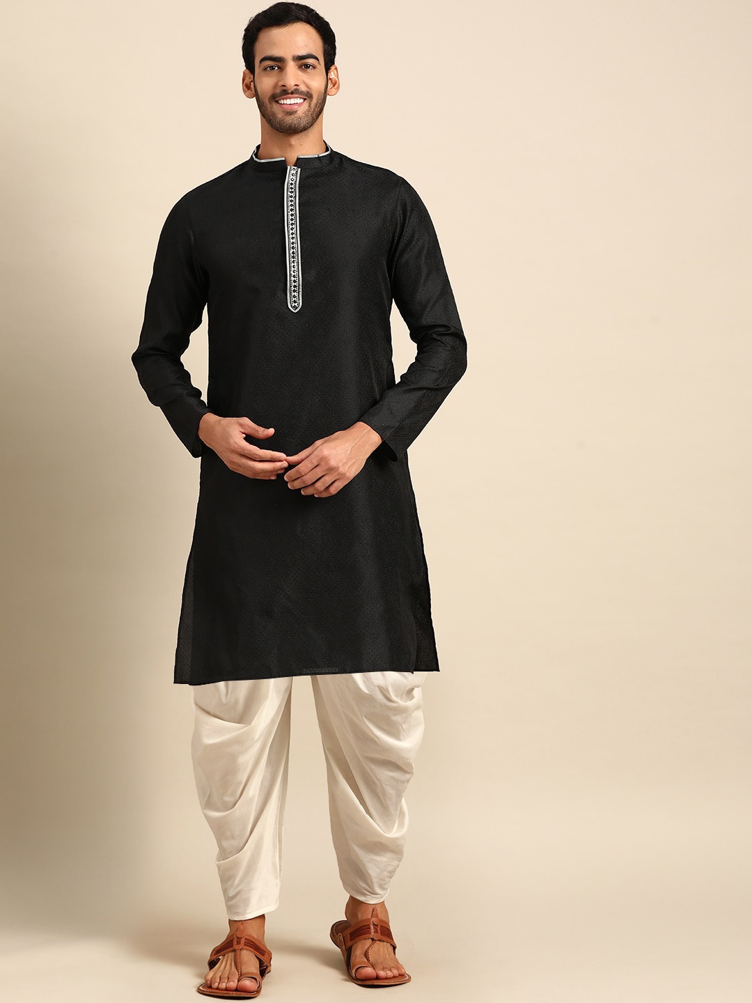 

Anouk Woven Design Mandarin Collar Regular Kurta with Dhoti Pants, Black