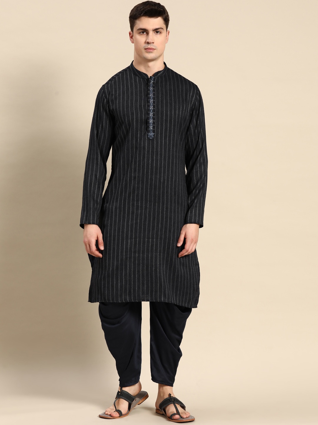 

Anouk Striped Woven Design Regular Kurta with Dhoti Pants, Navy blue