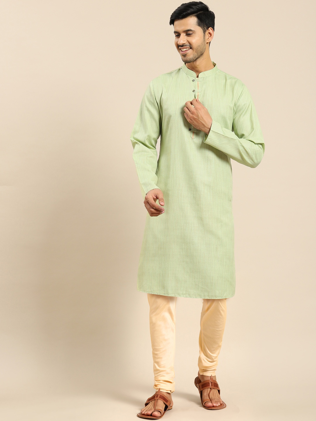 

Anouk Mandarin Collar Regular Kurta with Churidar, Lime green