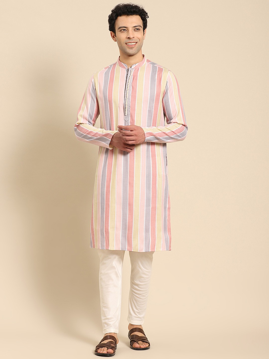 

Anouk Striped Regular Kurta With Trousers, Pink