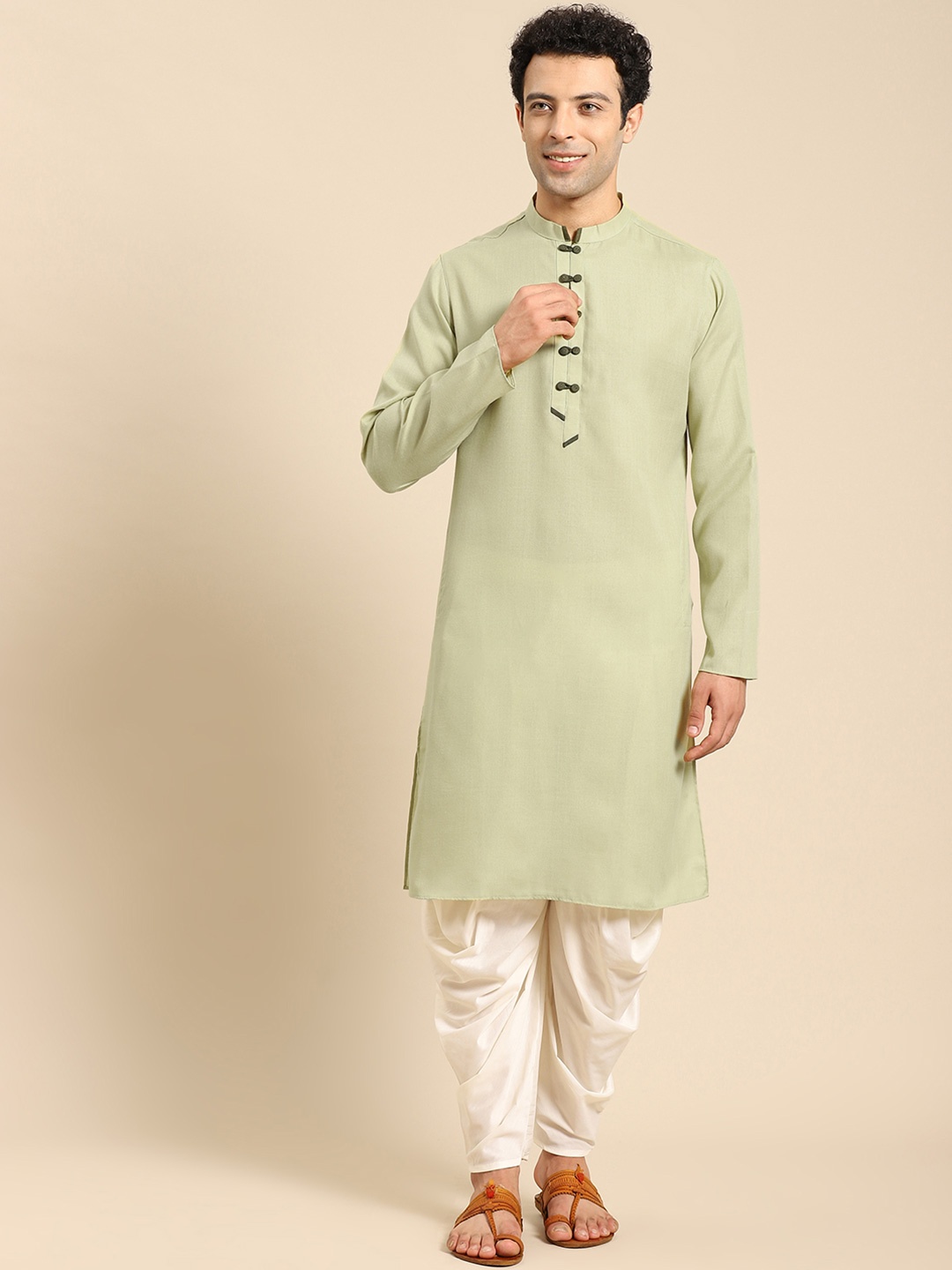 Anouk Mandarin Collar Regular Kurta with Dhoti Pants, Green