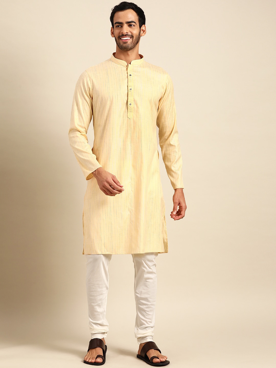 

Anouk Striped Regular Kurta with Churidar, Yellow
