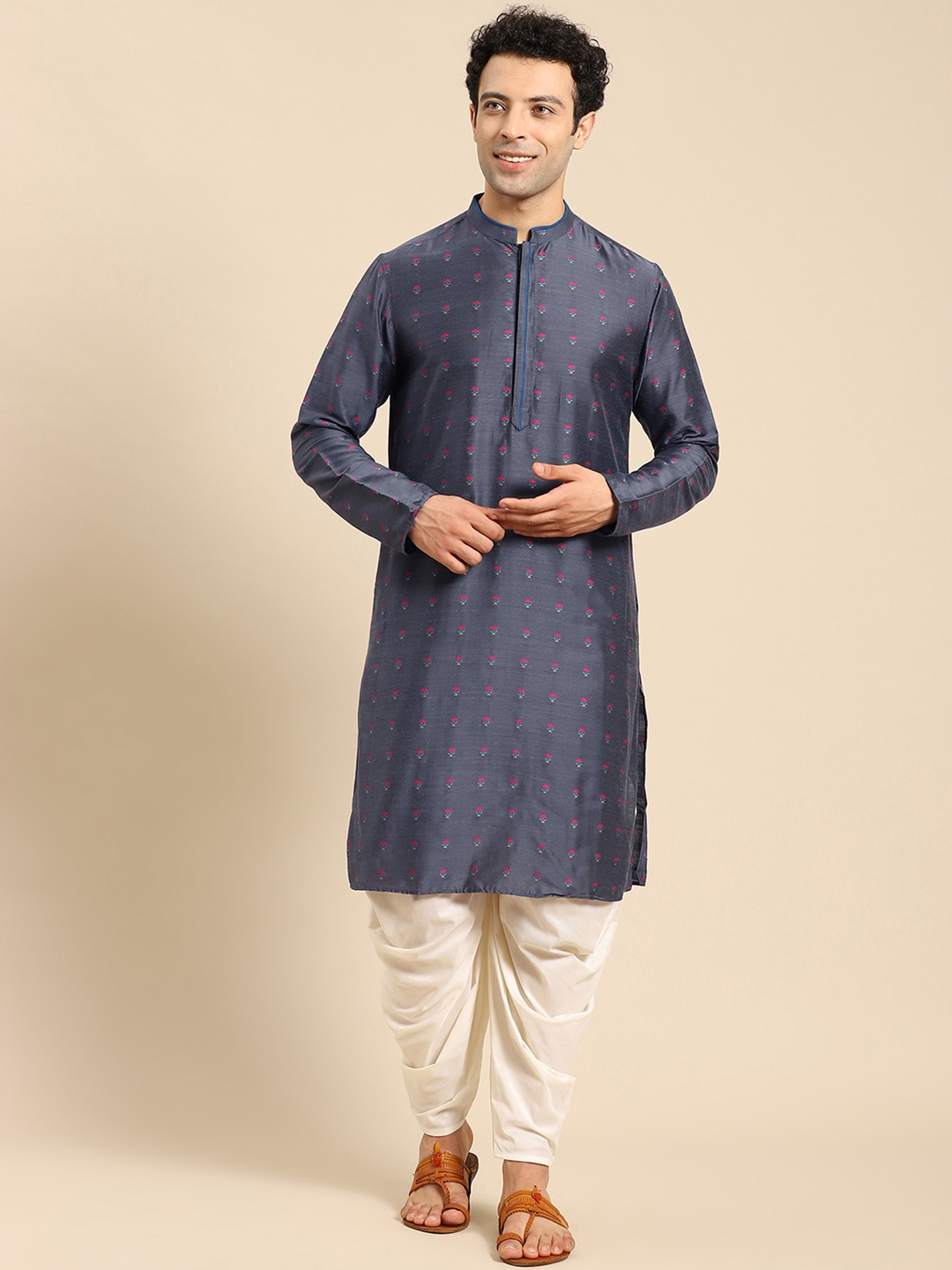 Anouk Floral Woven Design Regular Kurta with Dhoti Pants, Grey