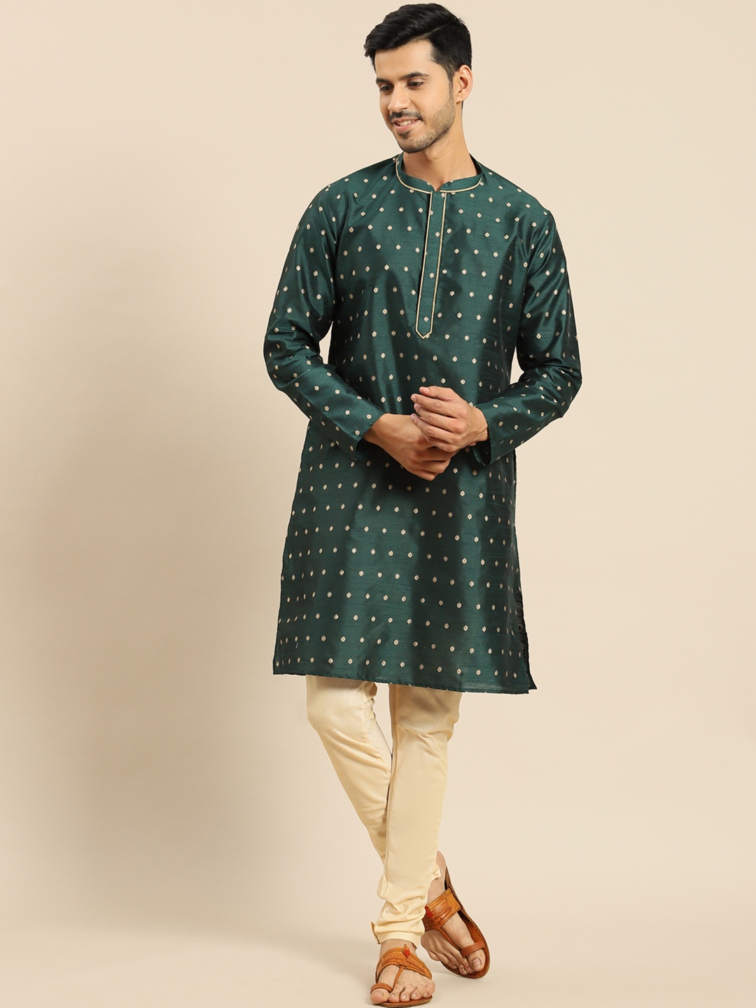 

Anouk Green Ethnic Motif Woven Design Regular Straight Kurta with Churidar
