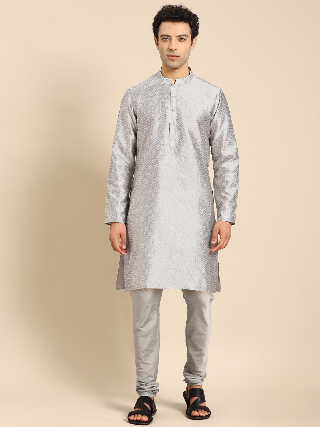 

Anouk Grey Ethnic Motif Woven Design Regular Straight Kurta with Churidar