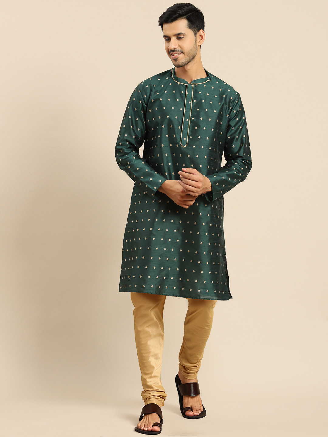 

Anouk Green Ethnic Motif Woven Design Regular Straight Kurta with Trousers
