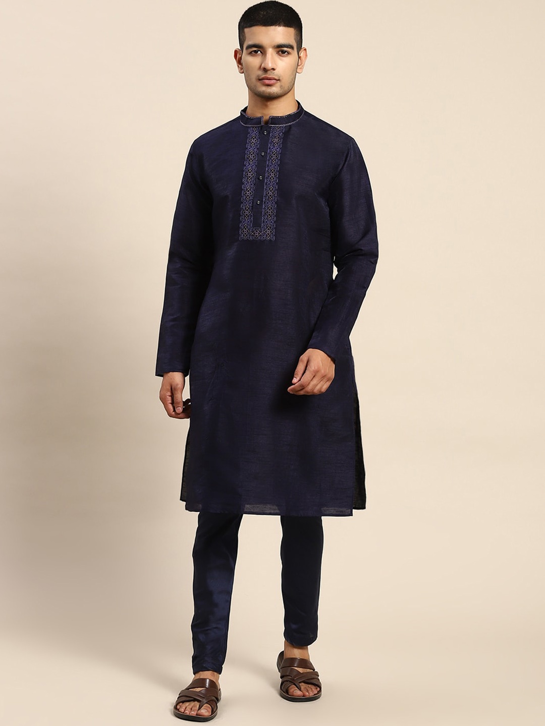 

Anouk Ethnic Motifs Yoke Design Regular Thread Work Kurta With Trousers, Navy blue