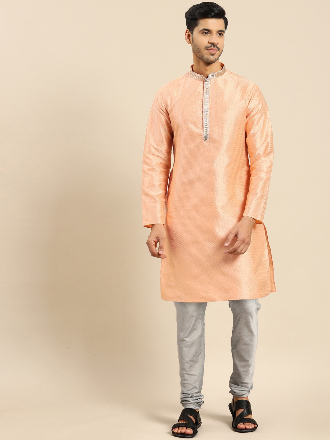

Anouk Peach-Coloured Ethnic Motifs Woven Design Mandarin Collar Kurta With Churidar