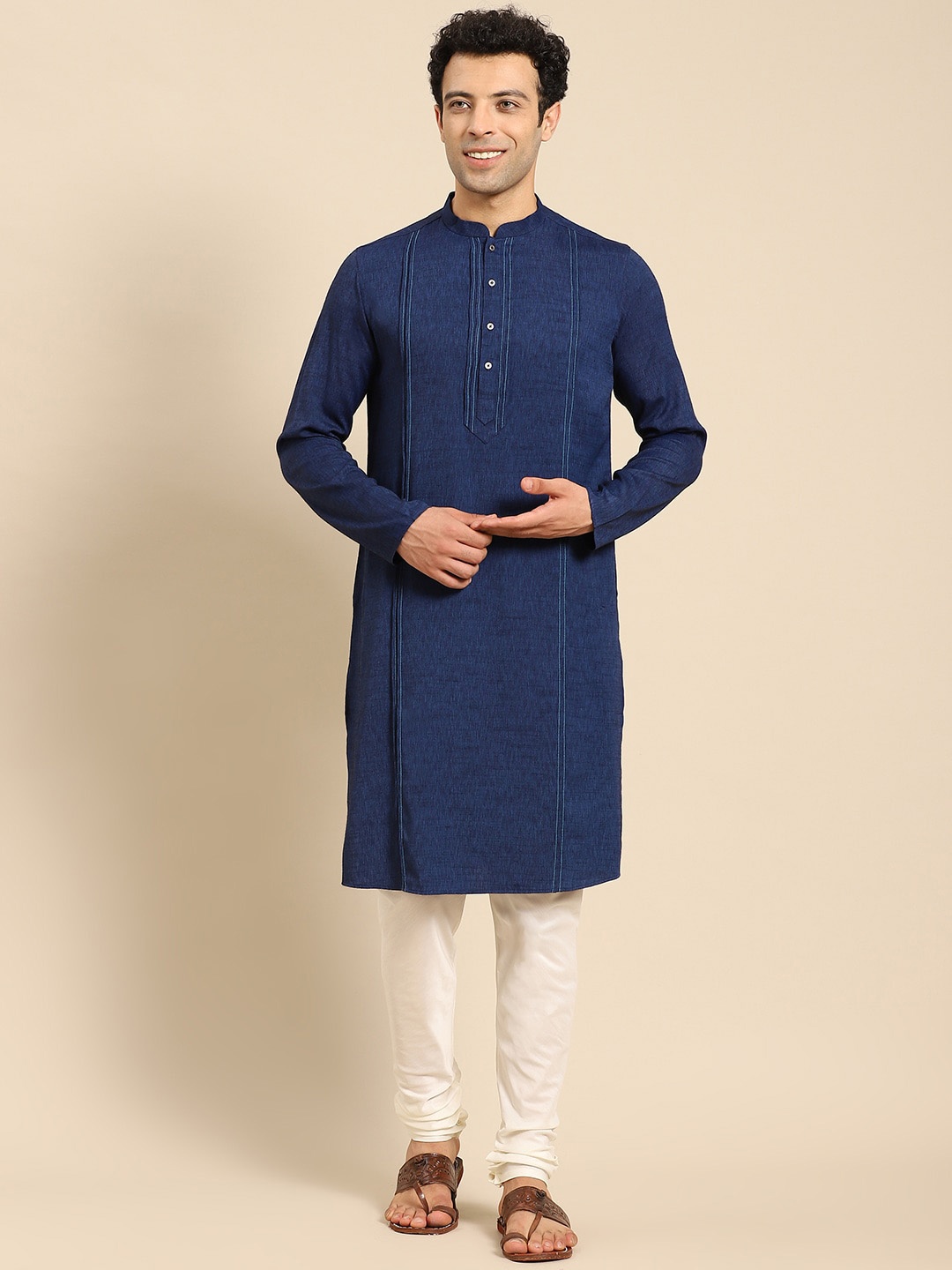 

Anouk Mandarin Collar Regular Kurta With Churidar, Blue