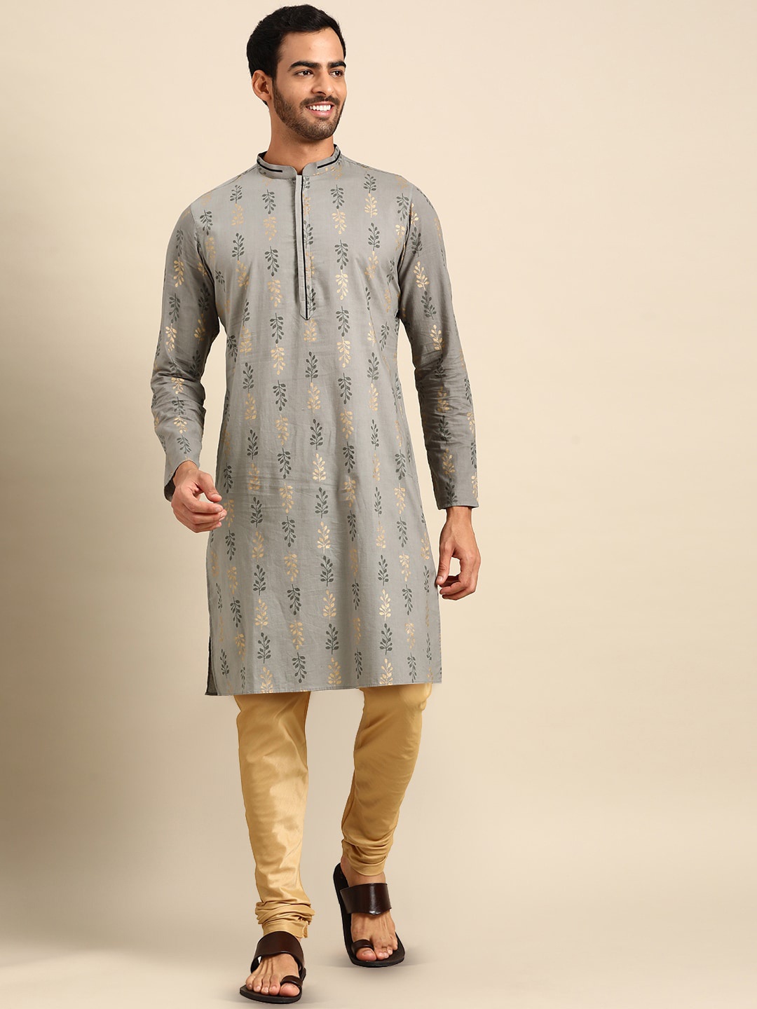 

Anouk Grey Ethnic Motifs Printed Mandarin Collar Kurta With Churidar