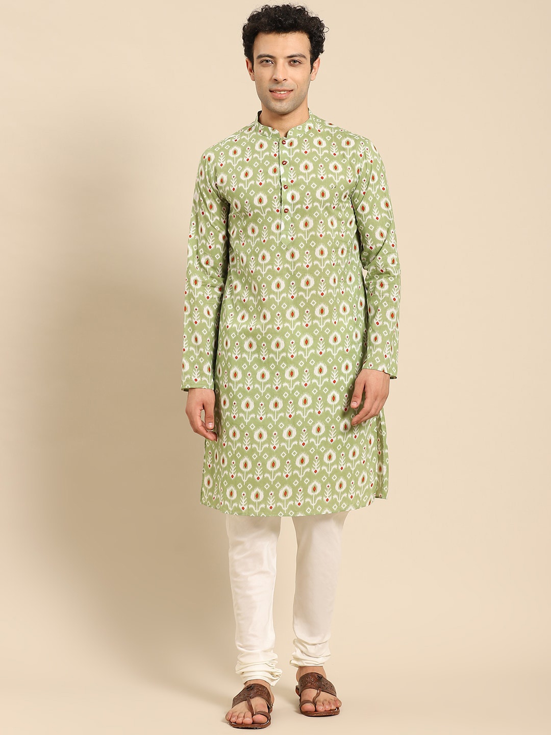 

Anouk Green Ethnic Motifs Printed Mandarin Collar Kurta With Churidar