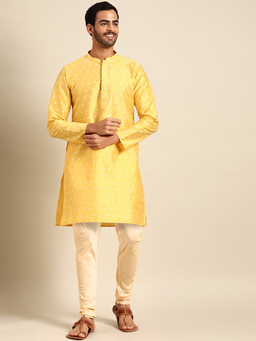 

Anouk Yellow Geometric Woven Design Mandarin Collar Kurta With Churidar