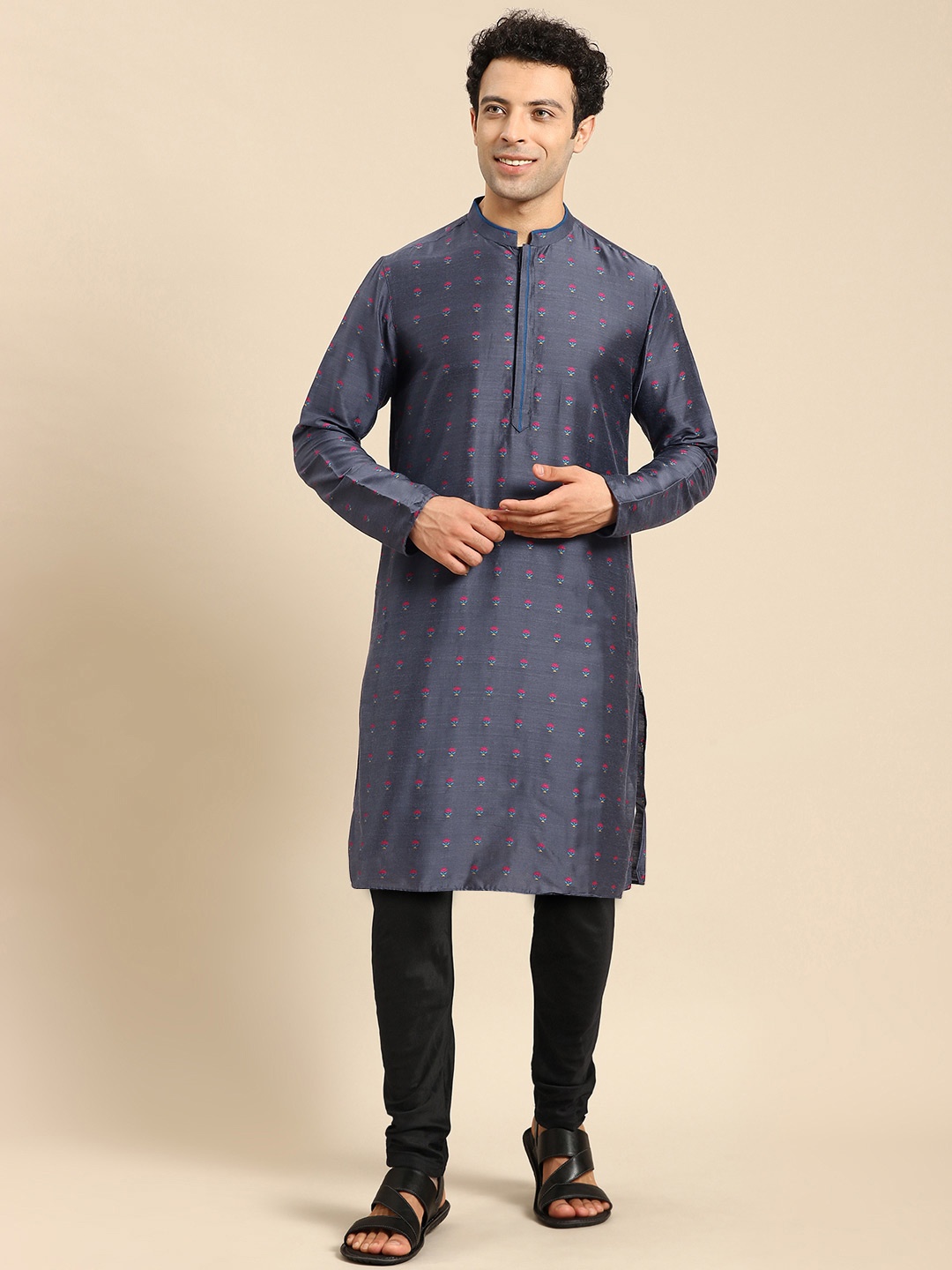 

Anouk Blue Ethnic Motifs Printed Mandarin Collar Kurta with Trousers