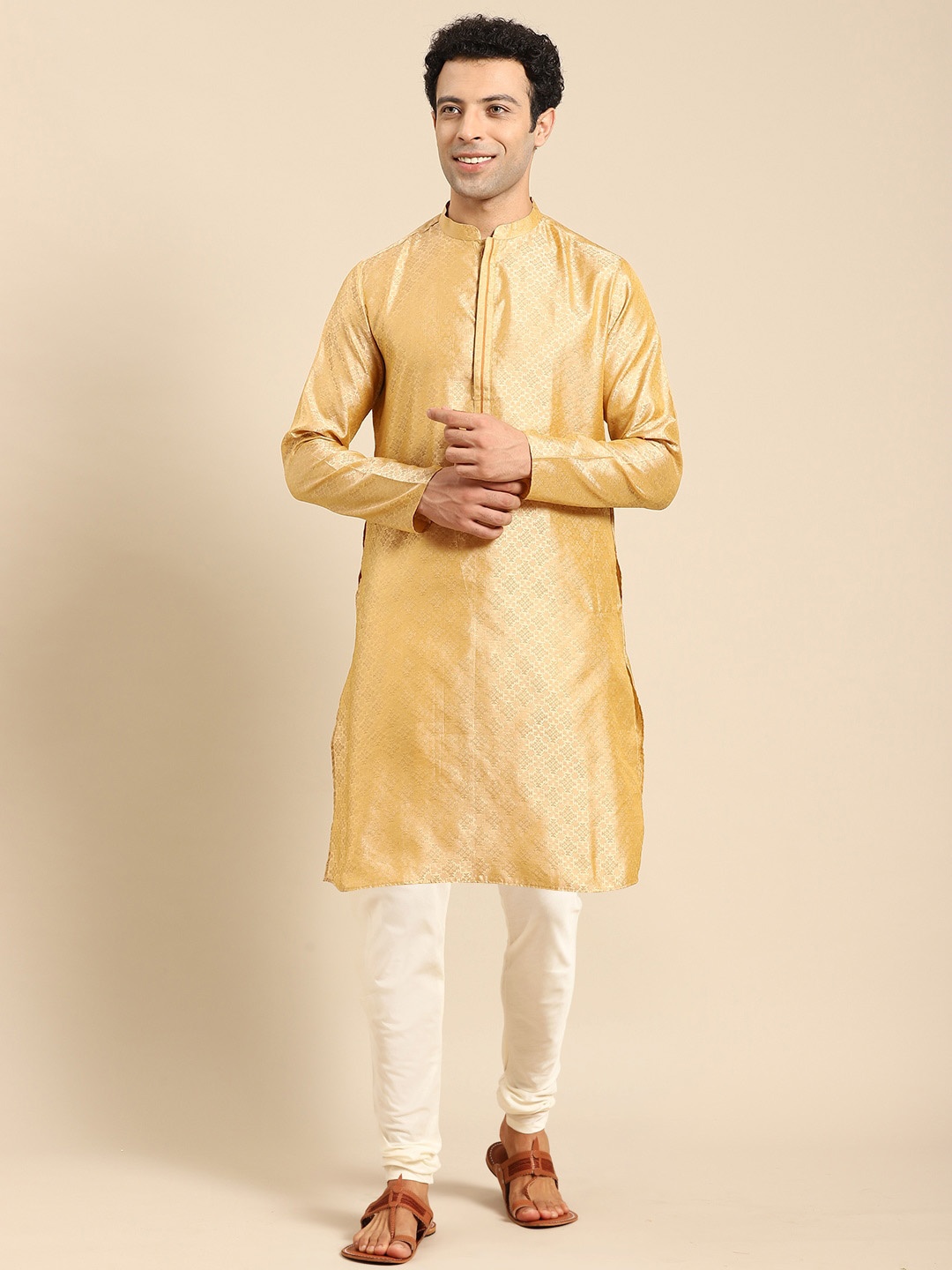 

Anouk Yellow Woven Design Mandarin Collar Regular Kurta with Churidar