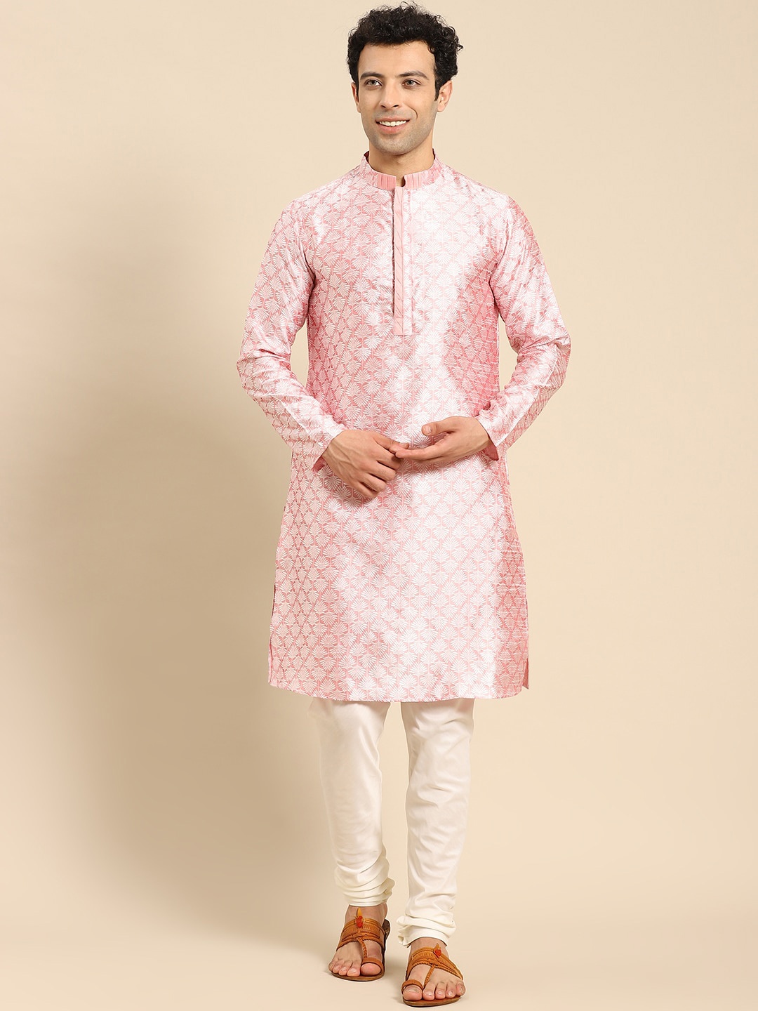 

Anouk Men Pink Woven Design Mandarin Collar Regular Kurta with Churidar
