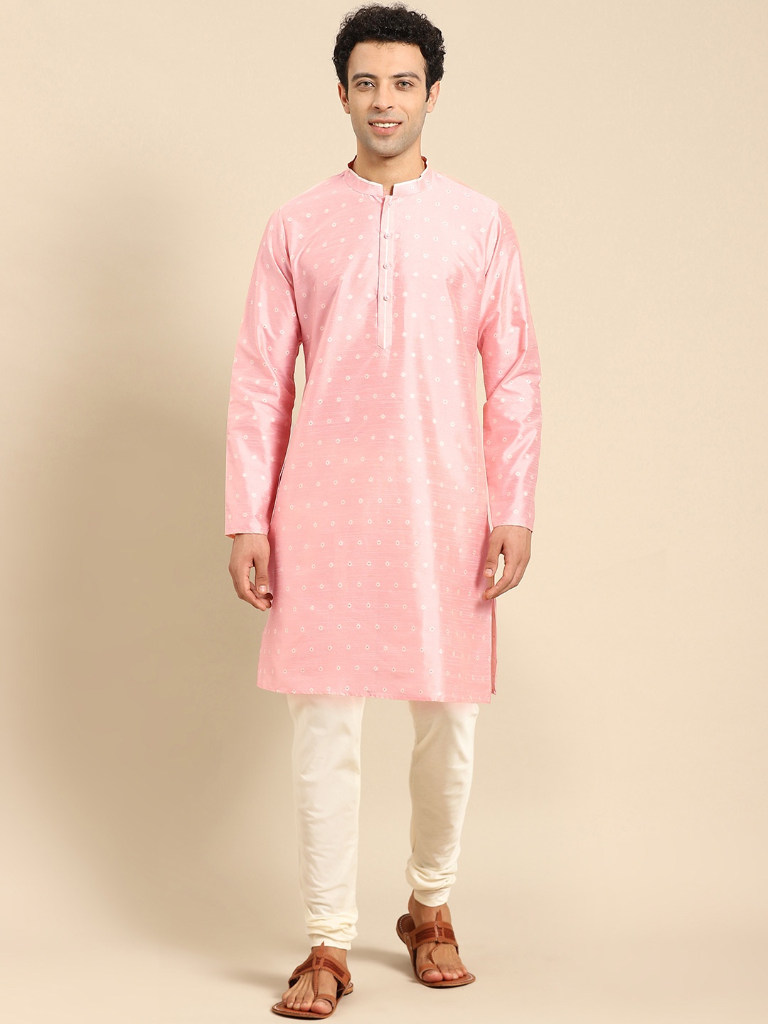 

Anouk Geometric Woven Design Straight Kurta With Trousers, Pink