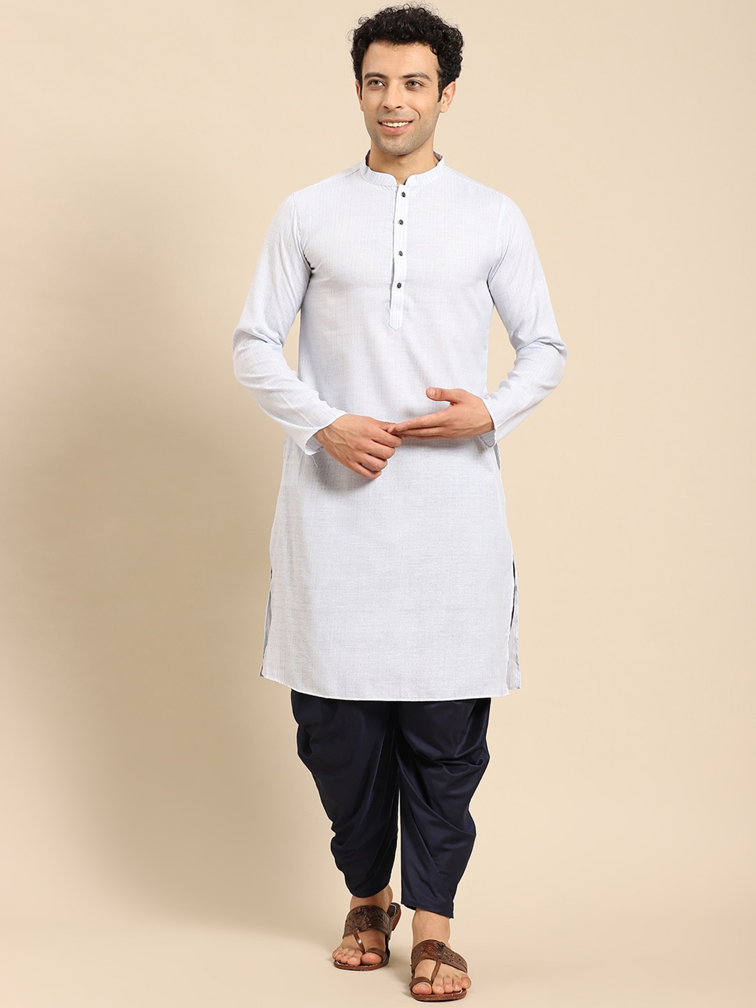 

Anouk Striped Mandarin Collar Kurta With Dhoti Pants, Blue