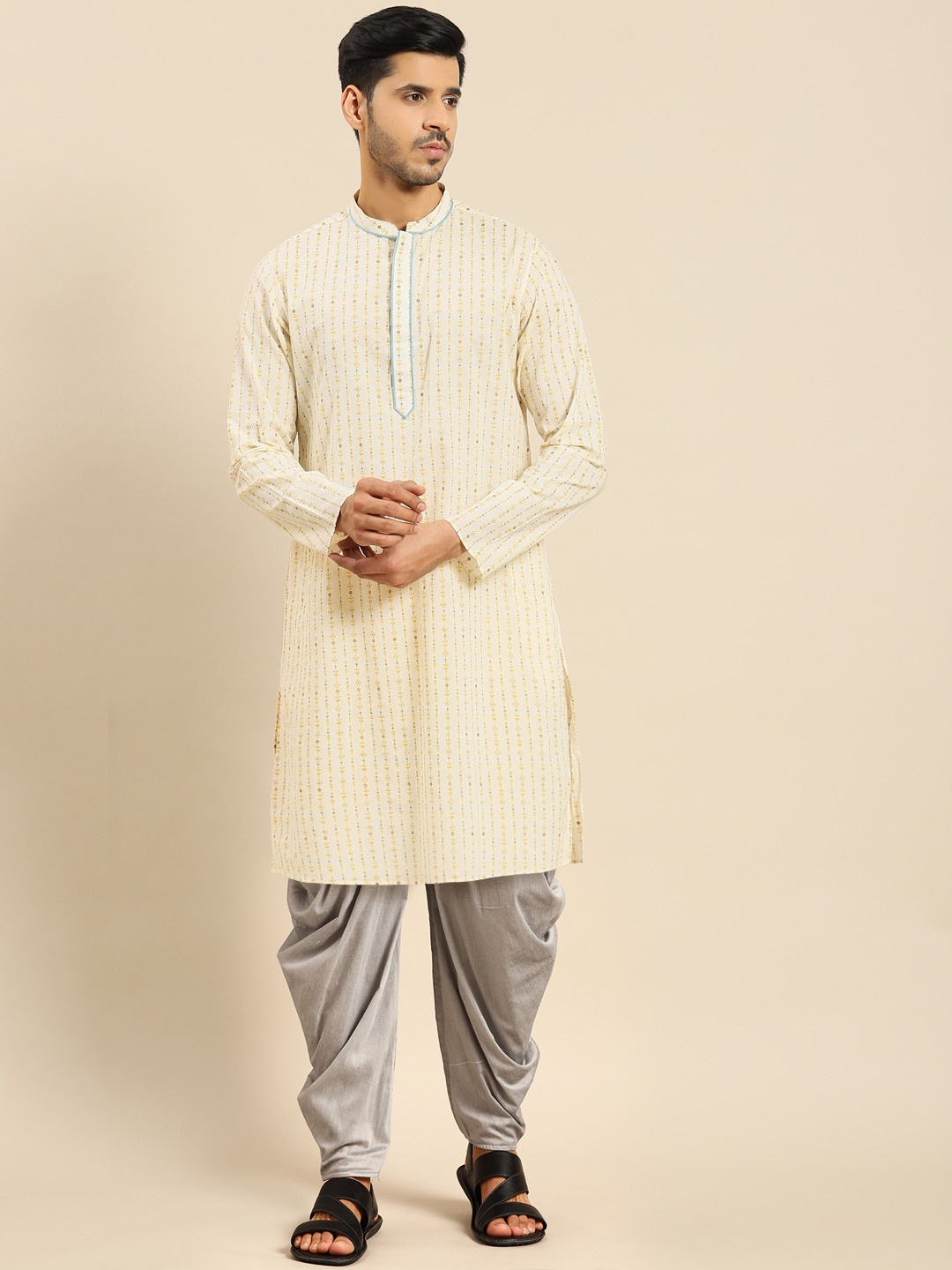 

Anouk Ethnic Motifs Printed Mandarin Collar Straight Kurta With Dhoti Pants, Yellow