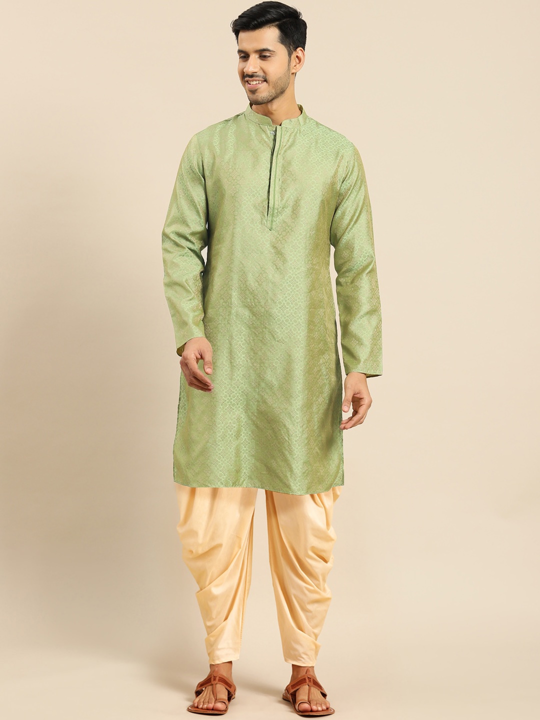 

Anouk Band Collar Ethnic Motifs Woven Design Straight Kurta With Dhoti Pants, Lime green