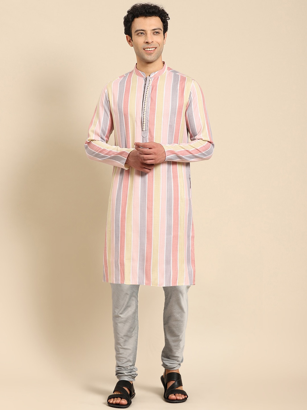 

Anouk Striped Mandarin Collar Kurta with Churidar, Pink