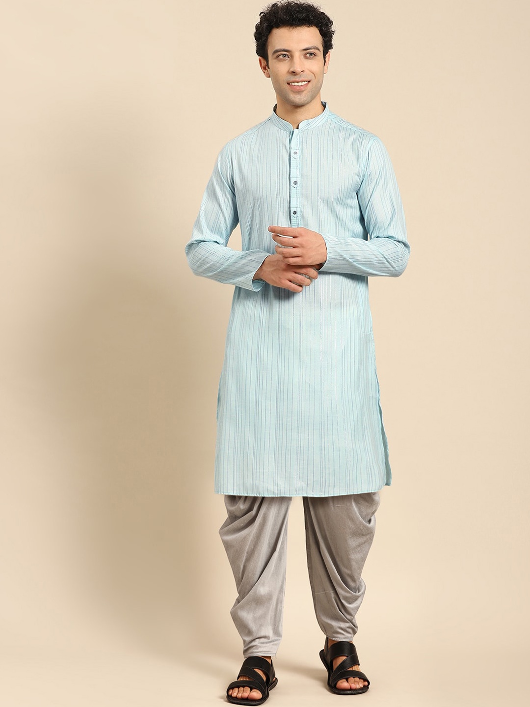 

Anouk Striped Mandarin Collar Kurta with Dhoti Pants, Blue