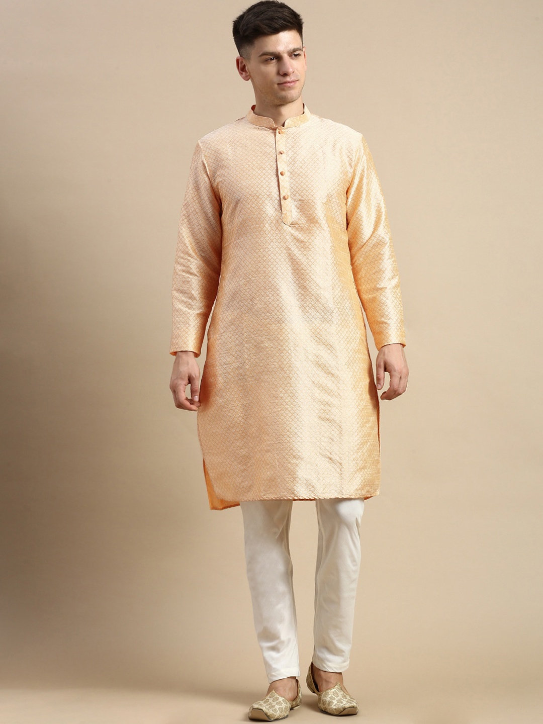 

Anouk Woven Design Mandarin Collar Kurta with Pyjamas, Peach