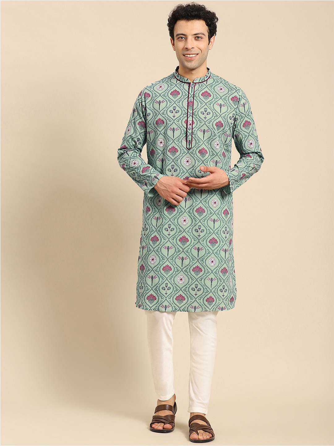 

Anouk Ethnic Motifs Printed Mandarin Collar Kurta with Trousers, Sea green