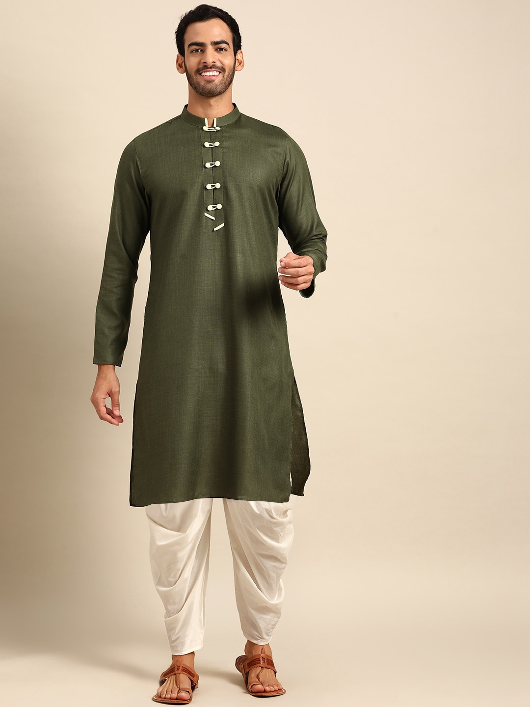 

Anouk Mandarin Collar Kurta with Dhoti Pants, Olive