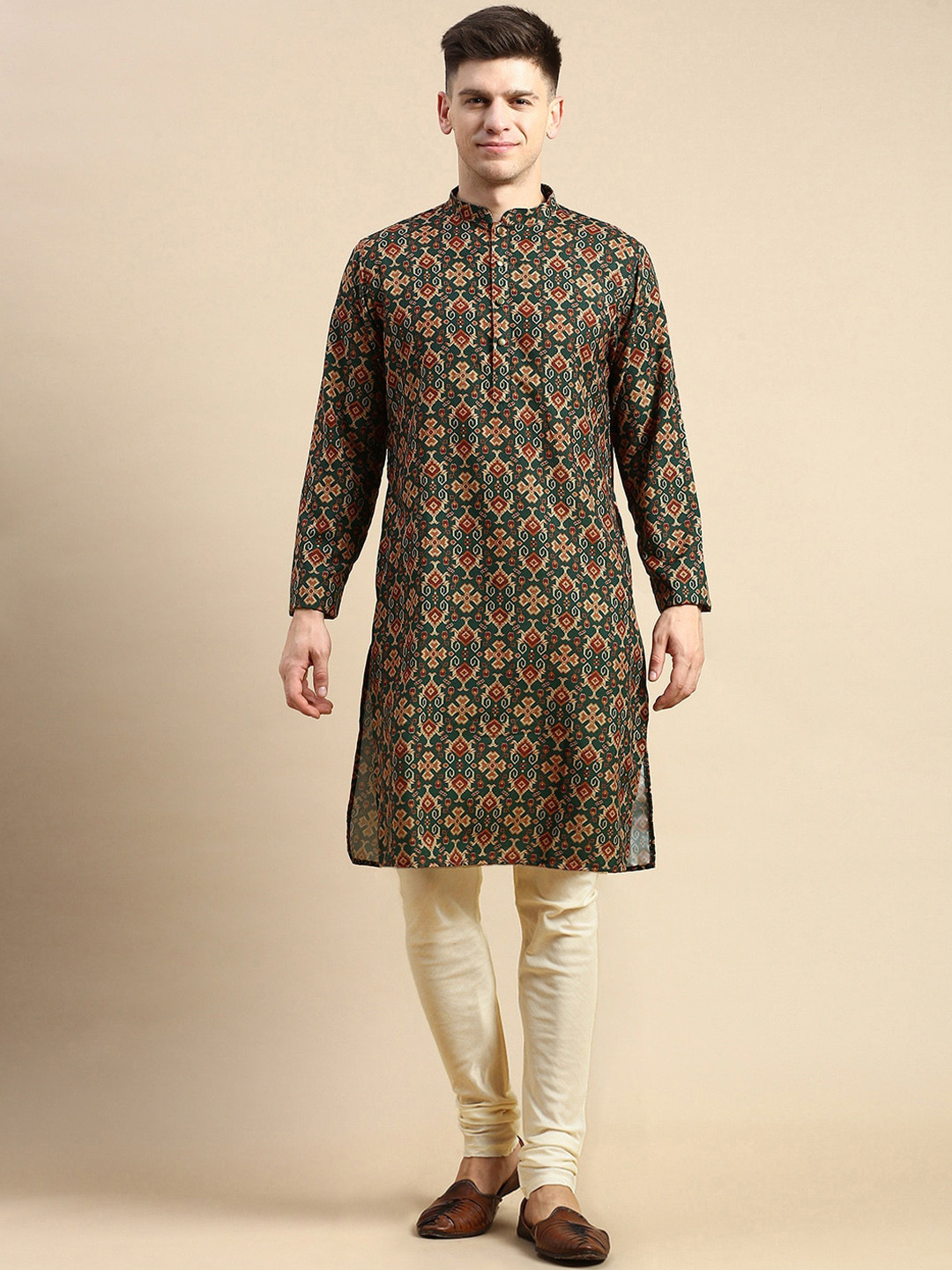 

Anouk Ethnic Motifs Printed Mandarin Collar Kurta with Churidar, Green