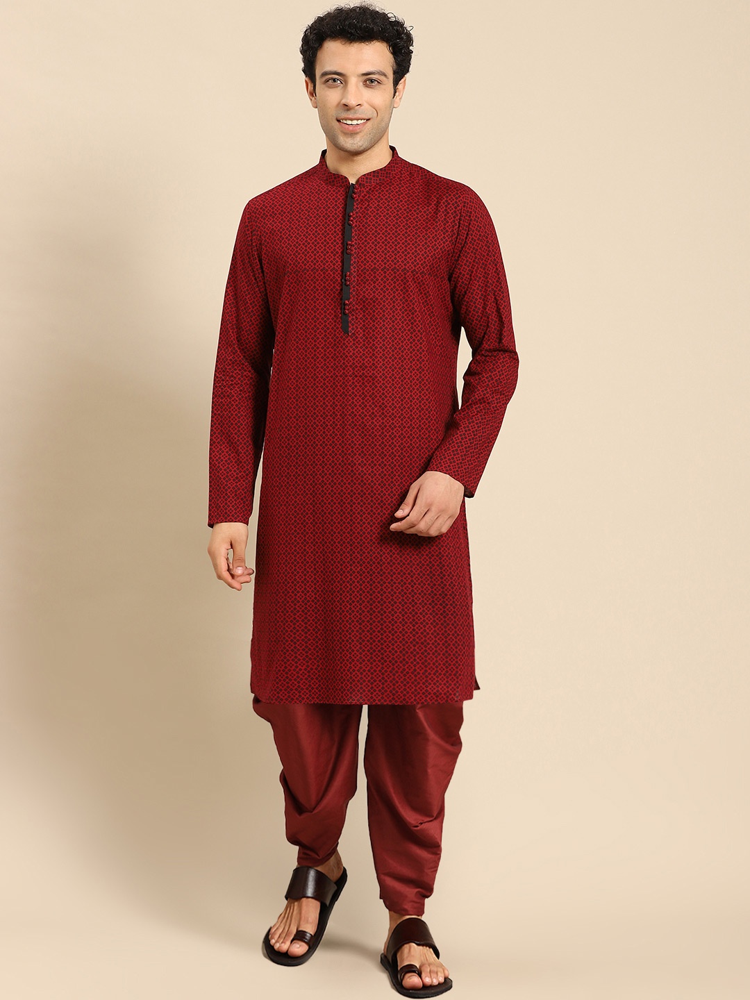 

Anouk Geometric Printed Mandarin Collar Kurta with Dhoti Pants, Maroon