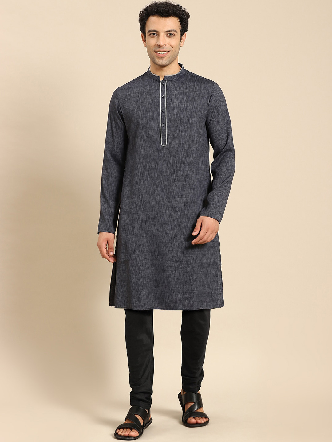 

Anouk Woven Design Mandarin Collar Kurta with Dhoti Pants, Grey