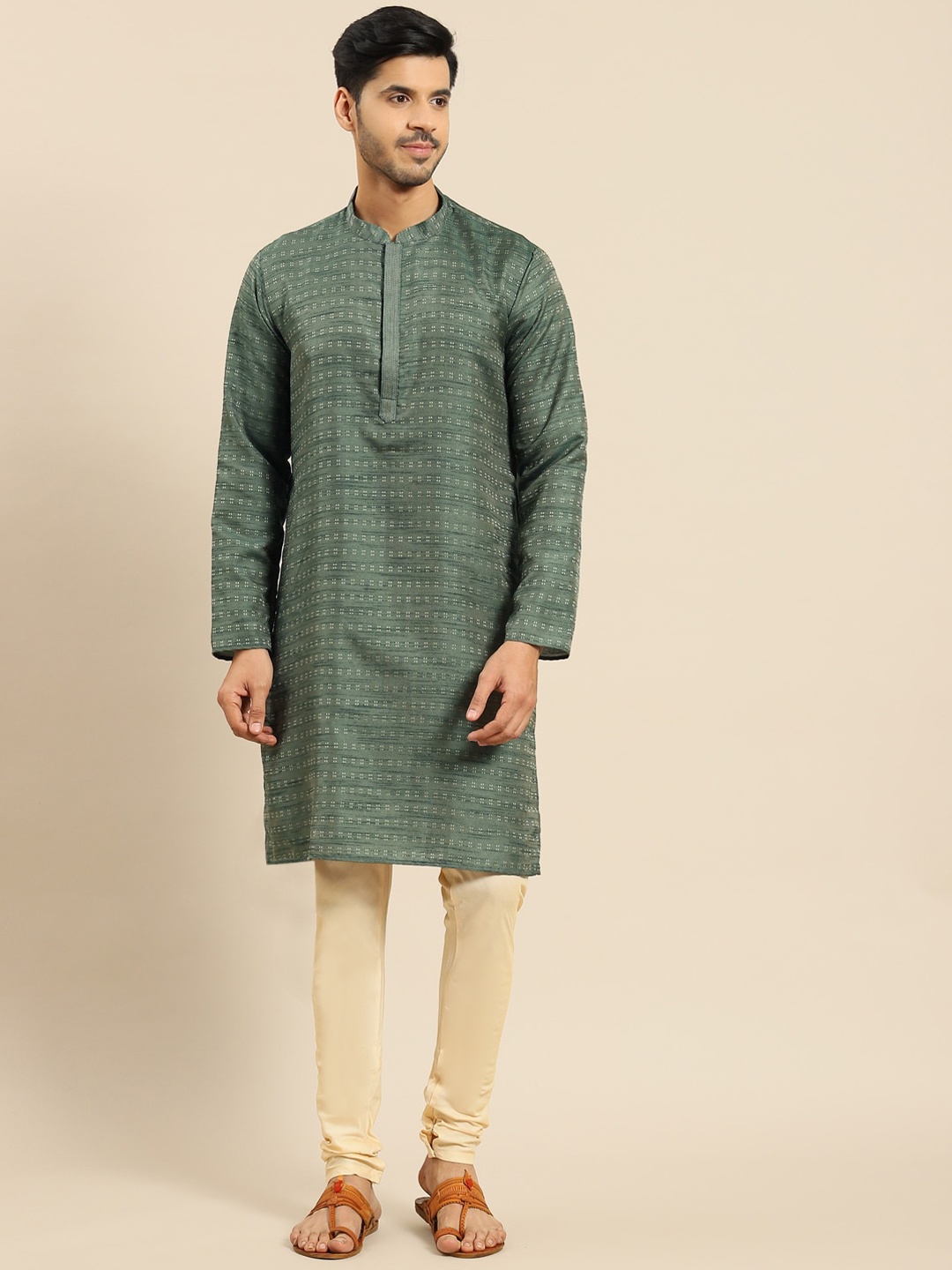 

Anouk Woven Design Mandarin Collar Kurta with Churidar, Green