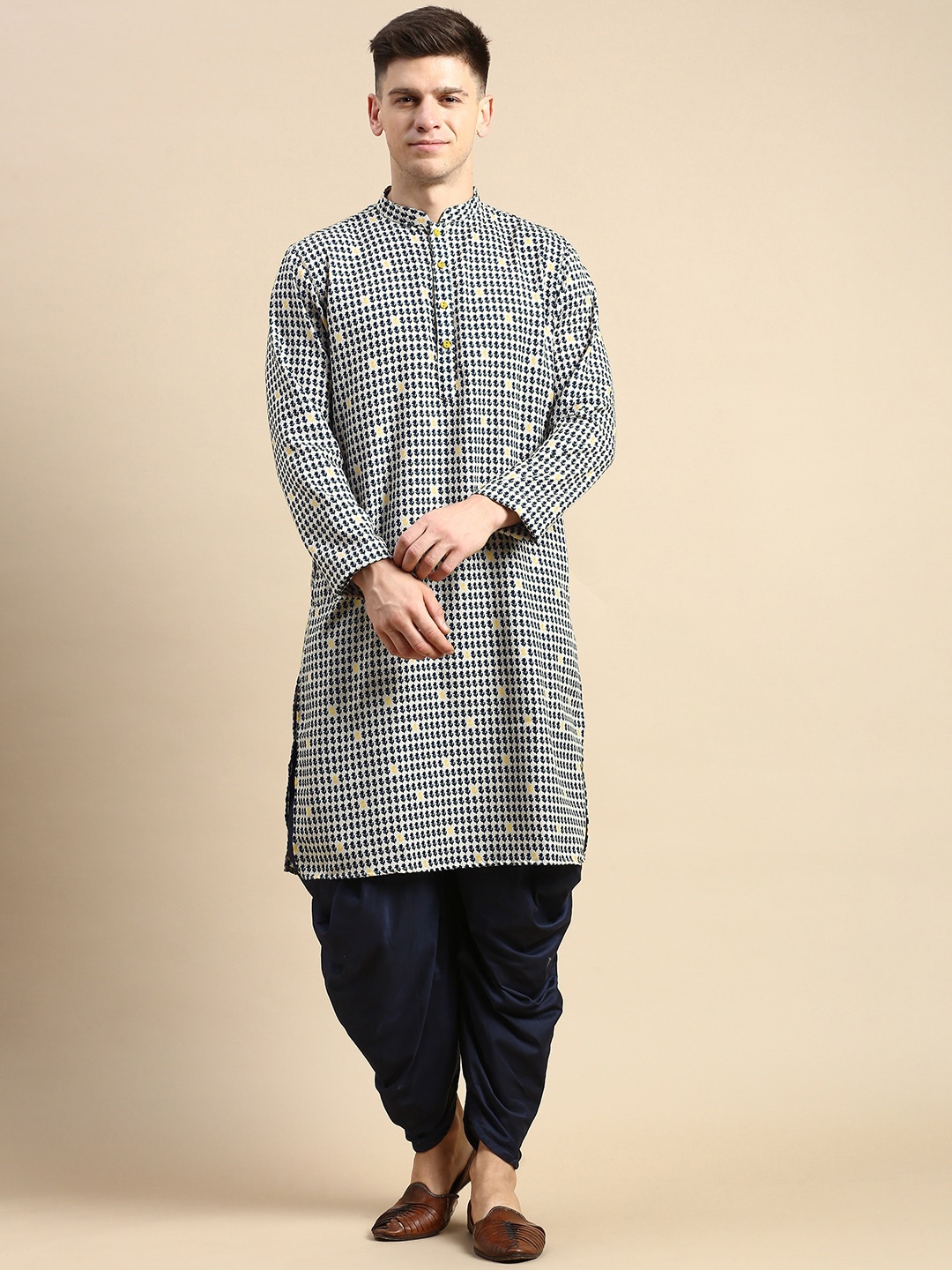 

Anouk Mandarin Collar Printed Kurta with Dhoti Pants, Navy blue
