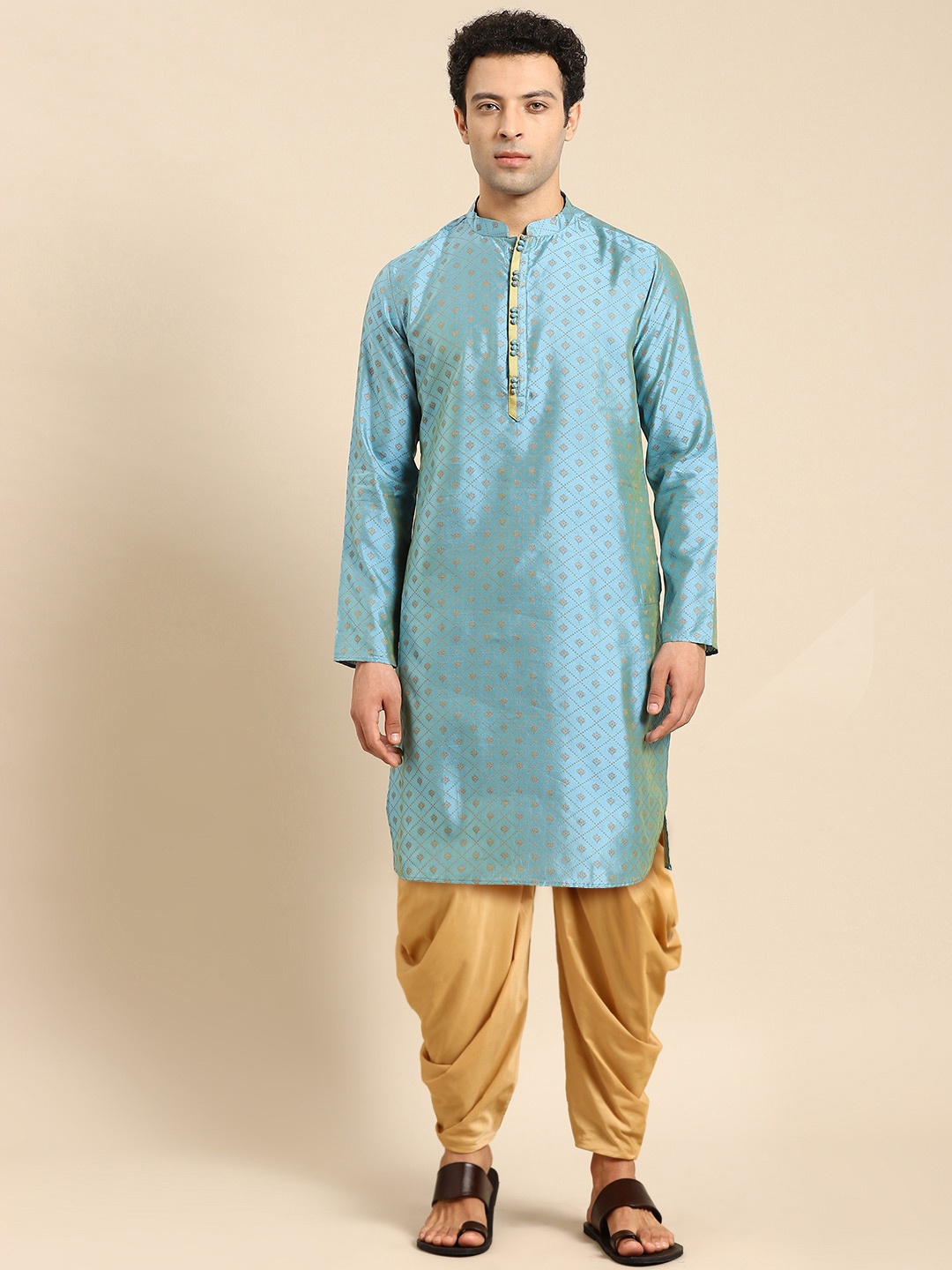 

Anouk Mandarin Collar Kurta with Dhoti Pants, Turquoise blue