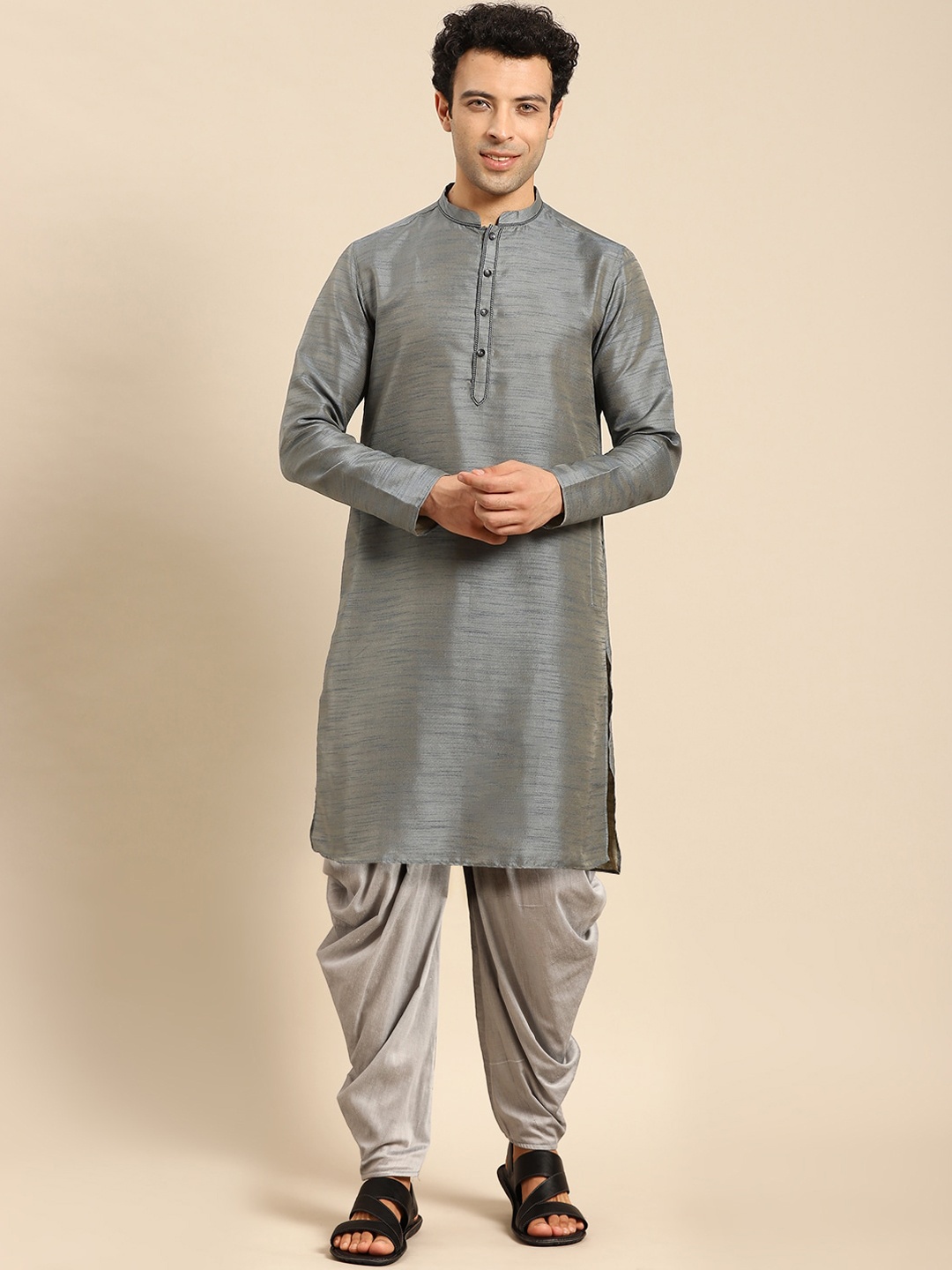 

Anouk Mandarin Collar Regular Straight Kurta with Dhoti Pants, Grey