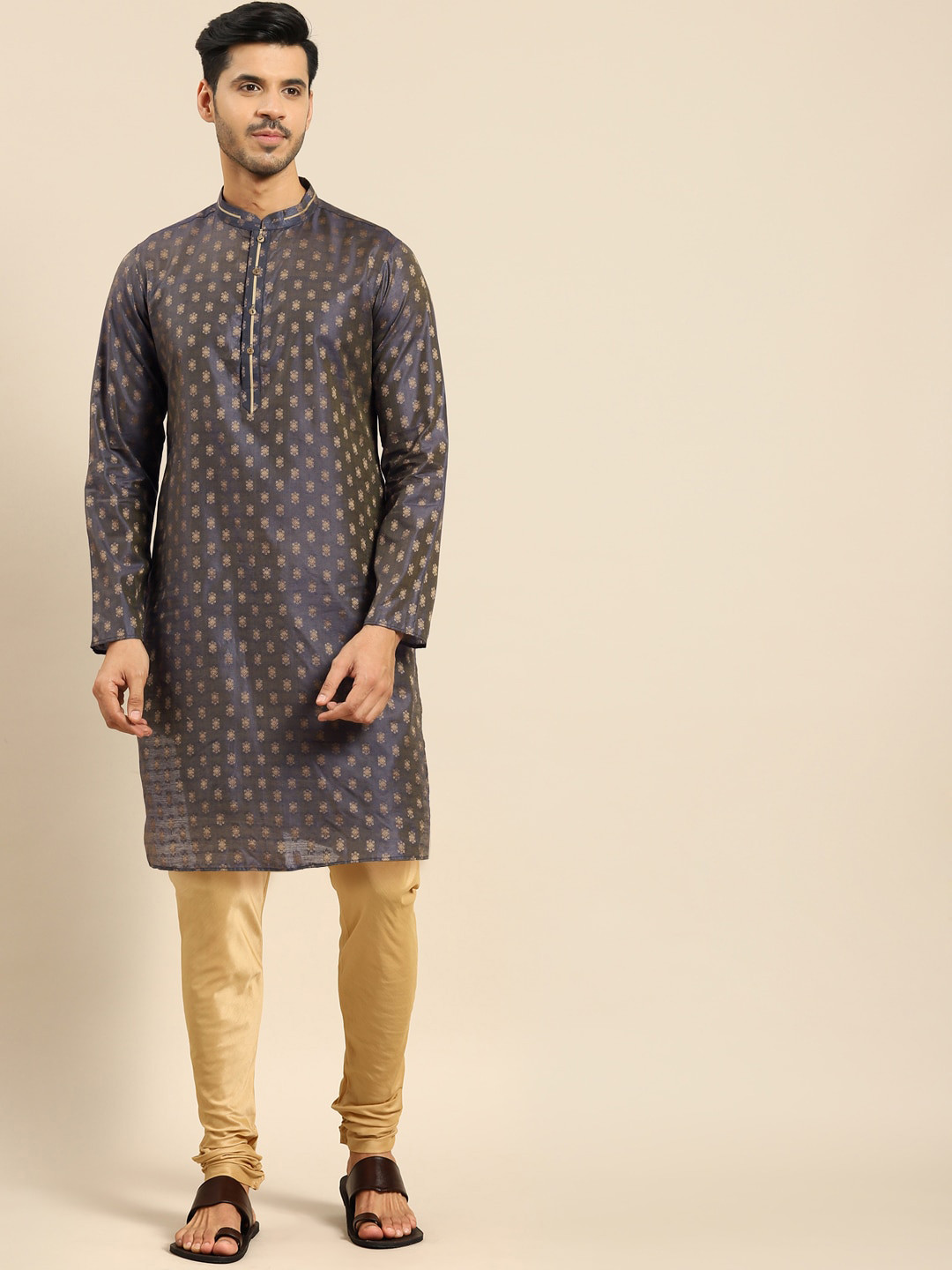 

Anouk Woven Design Mandarin Collar Regular Kurta with Churidar, Blue
