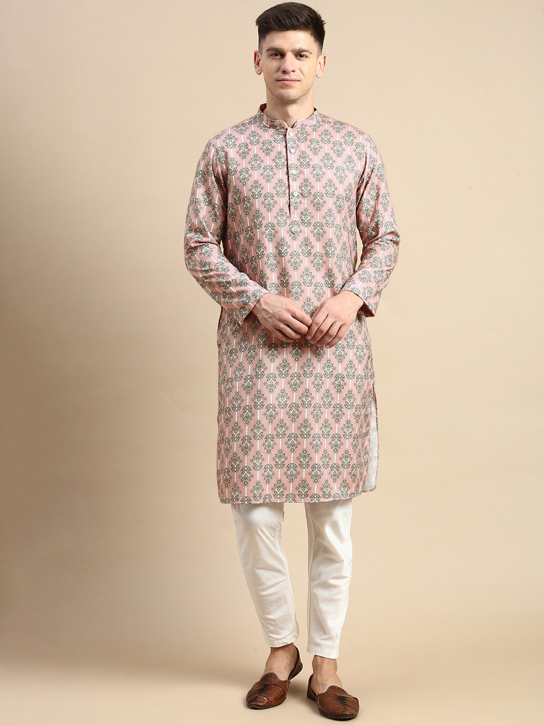 

Anouk Ethnic Motifs Printed Mandarin Collar Straight Kurta with Trouser, Pink
