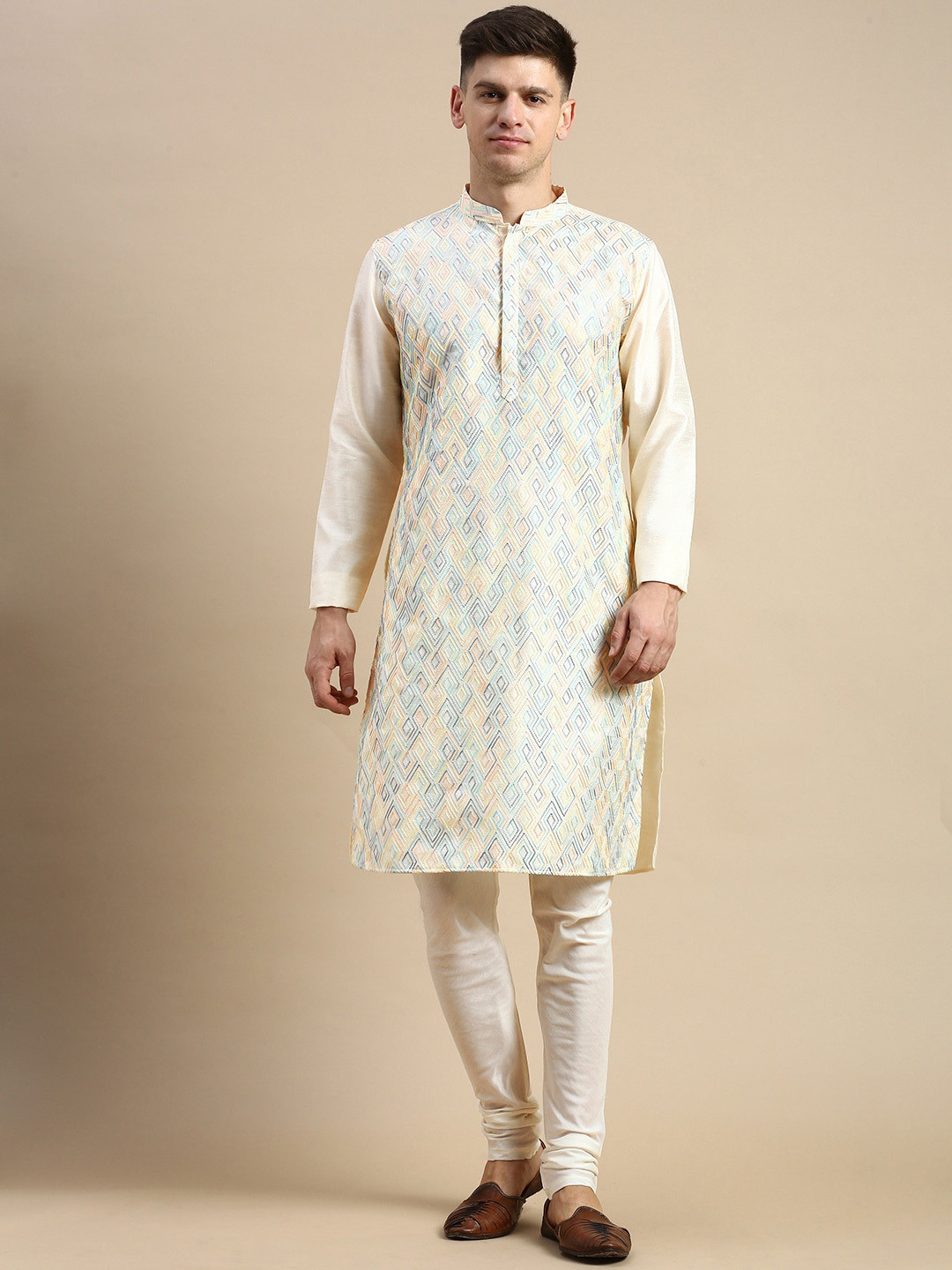 

Anouk Geometric Embroidered Mandarin Collar Straight Kurta with Churidar, Cream