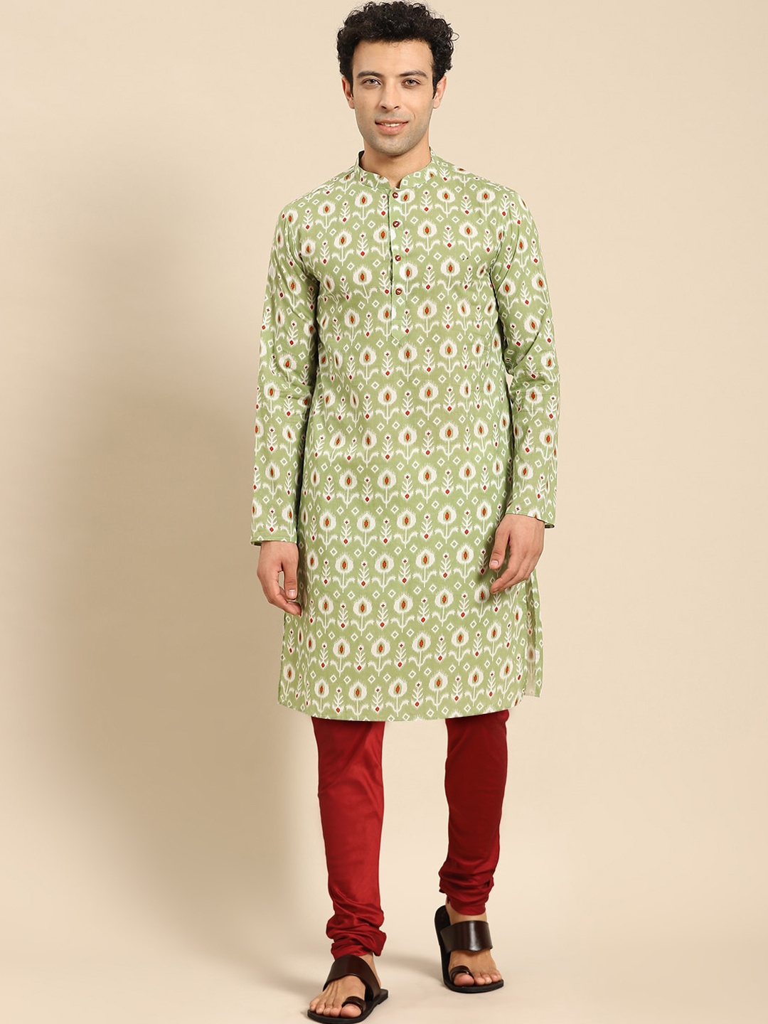 

Anouk Green & Maroon Ethnic Motifs Printed Straight Kurta with Churidar