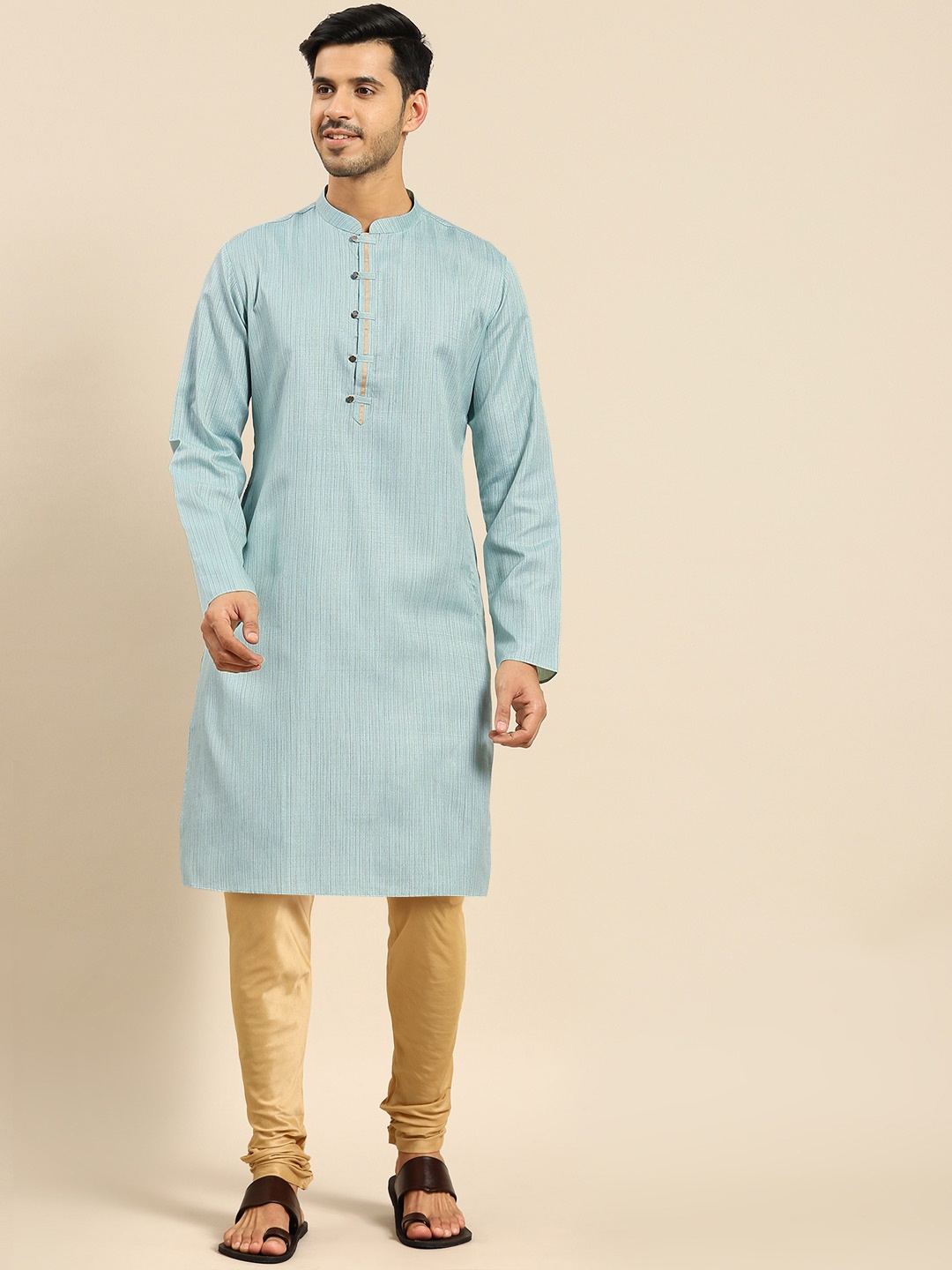 

Anouk Turquoise Blue & Beige Striped Kurta with Churidar