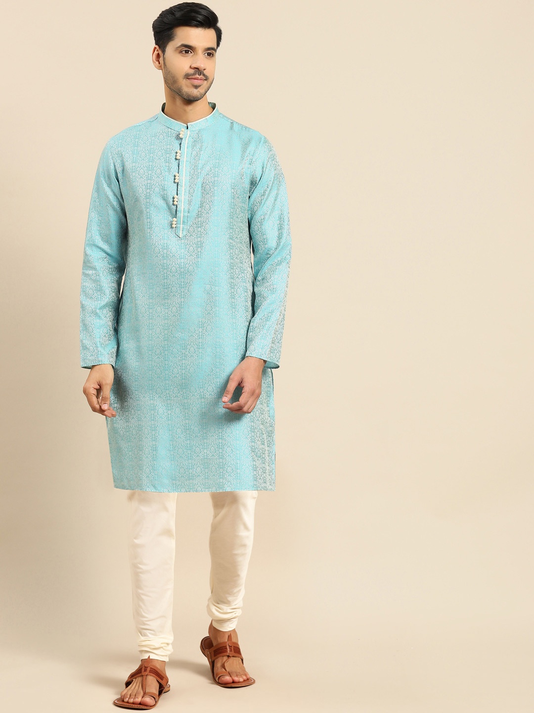 

Anouk Woven Design Mandarin Collar Kurta With Pyjamas, Turquoise blue