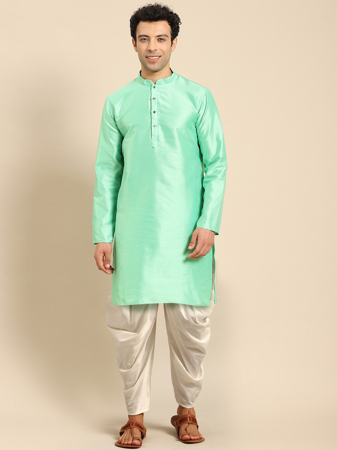 

Anouk Self Design Mandarin Collar Kurta With Dhoti Pants, Sea green