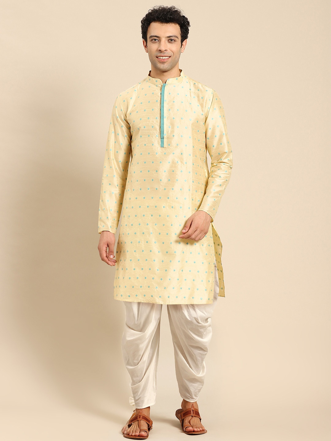 Anouk Embroidered Regular Kurta With Dhoti Pants, Beige