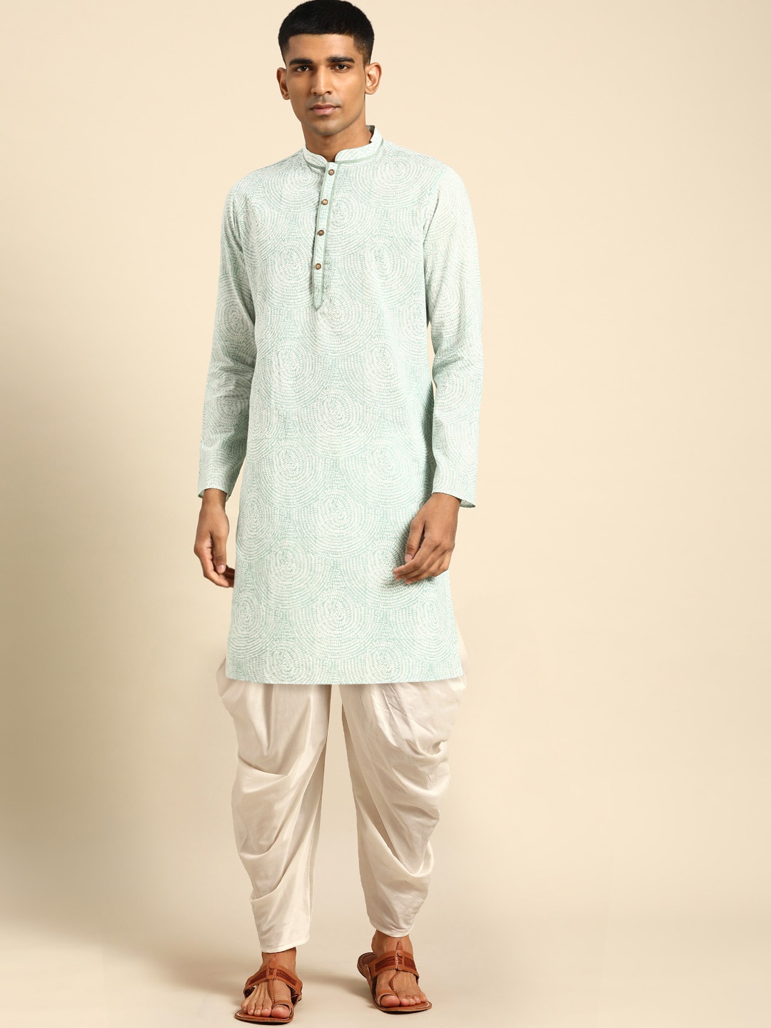 Anouk Men Printed Mandarin Collar Regular Kurta with Dhoti Pants, White