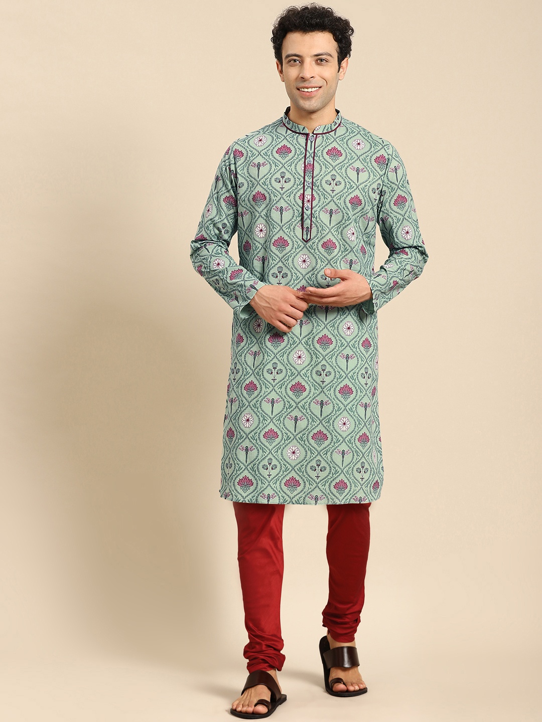 Anouk Men Ethnic Motifs Printed Regular Kurta With Churidar, Sea green