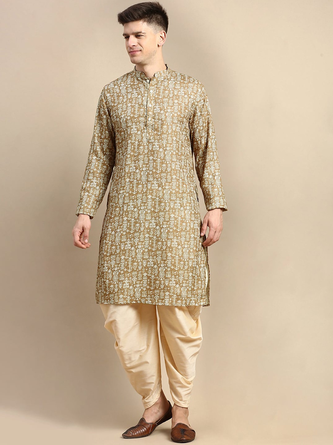 

Anouk Men Ethnic Motifs Printed Regular Kurta With Dhoti Pants, Khaki