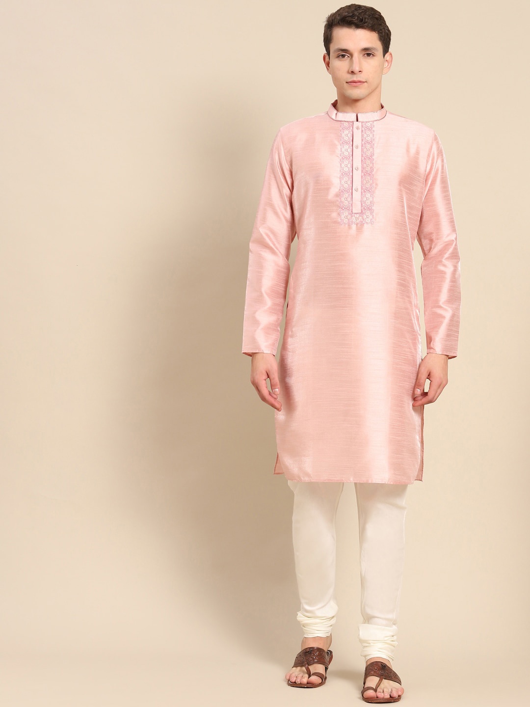 

Anouk Mandarin Collar Thread Work Detailed Straight Kurta With Churidar, Pink