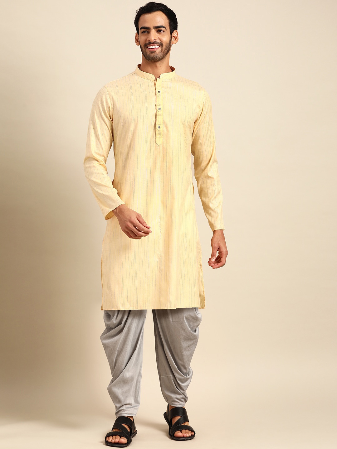 

Anouk Striped Mandarin Collar Straight Kurta With Dhoti Pants, Yellow